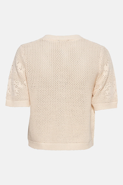 Cardigan écru en maille ajourée de MEXX, manches courtes, texture tricotée visible, vue arrière.
