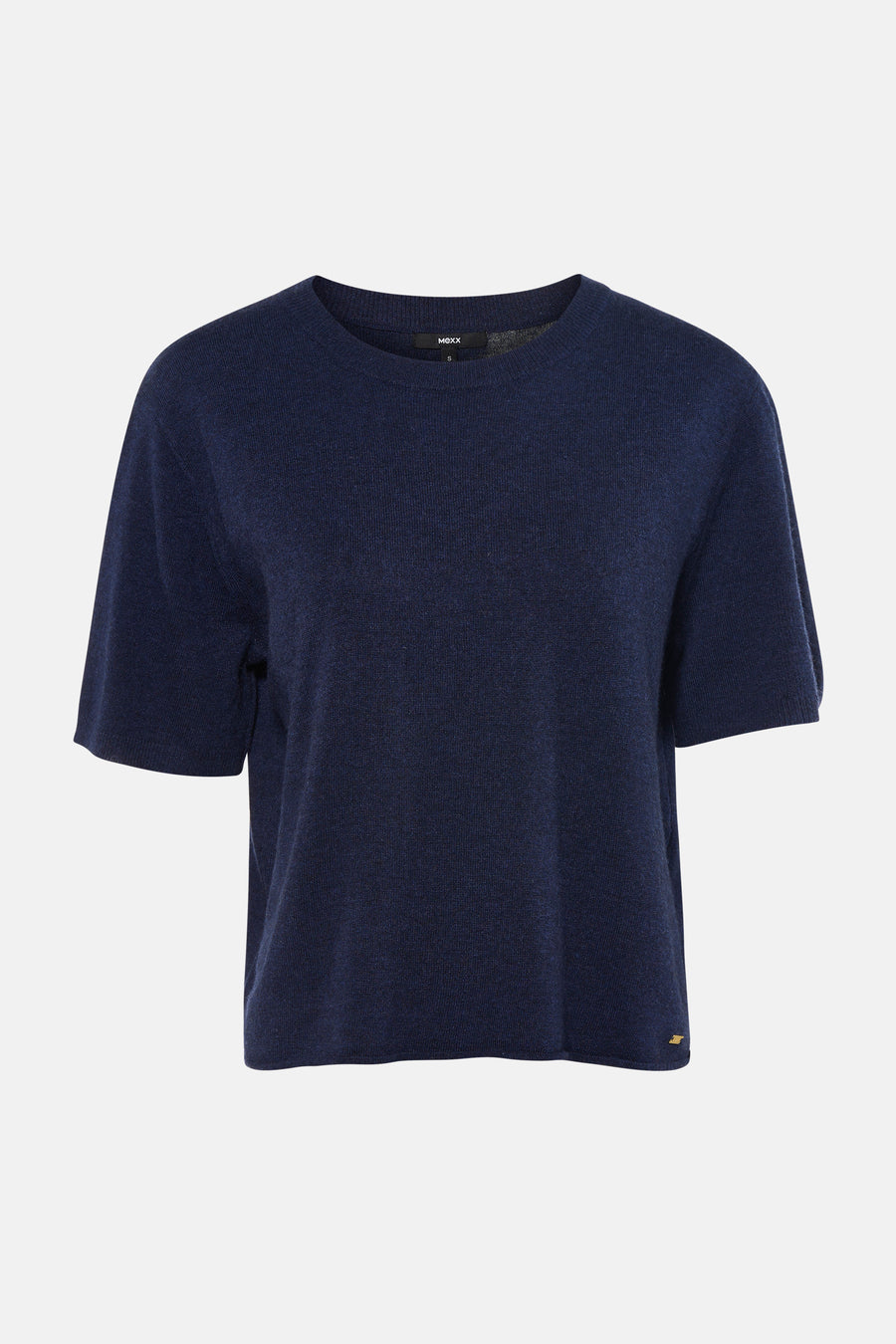 Blauwe trui met ronde hals van MEXX, in fijne brei, met korte mouwen en klein gouden logo.