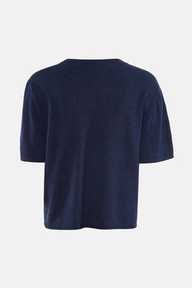 Blauwe trui met ronde hals en korte mouwen van MEXX, achterkant, effen gebreide textuur.