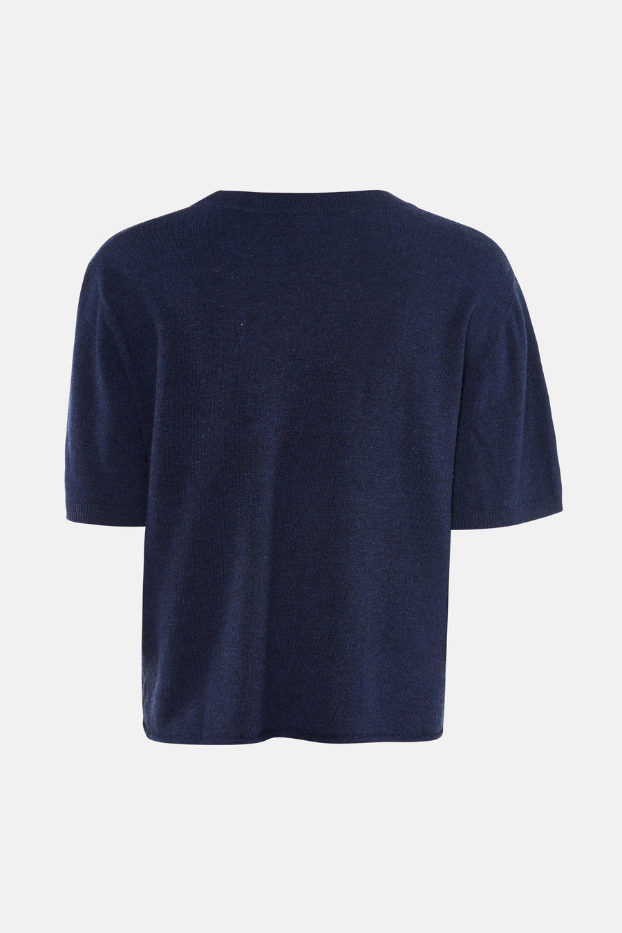 Blauwe trui met ronde hals en korte mouwen van MEXX, achterkant, effen gebreide textuur.