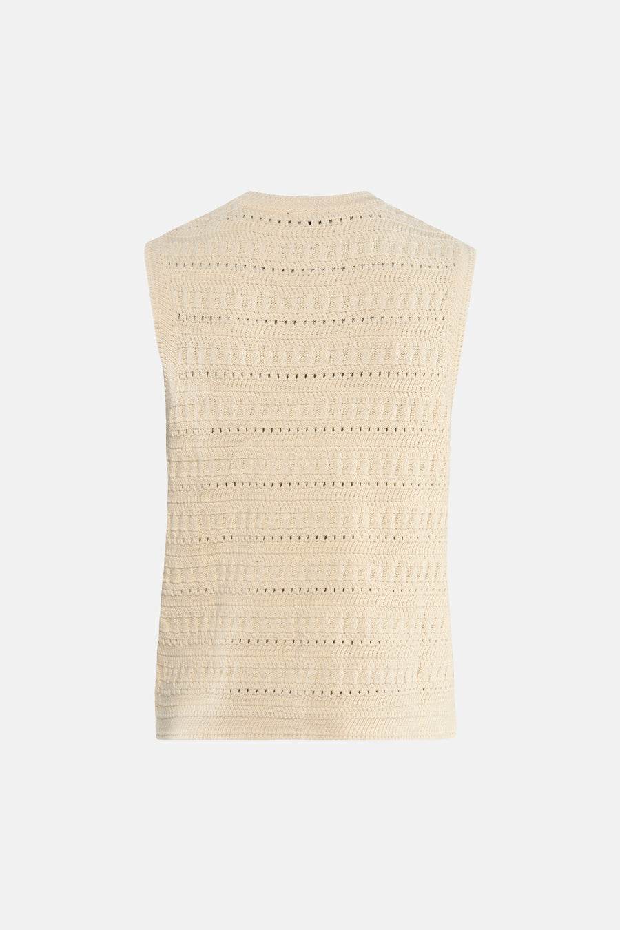 Beige mouwloos hemd van MEXX, met een opengewerkt textuurpatroon en een gebreide structuur.
