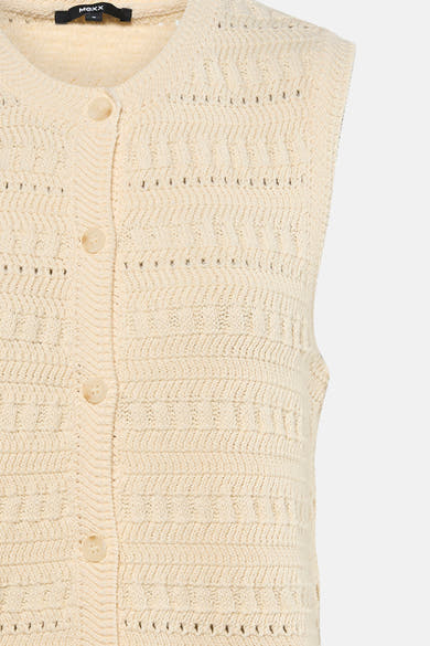 Beige mouwloos hemd van MEXX, met gebreid patroon en knoopsluiting aan de voorkant.