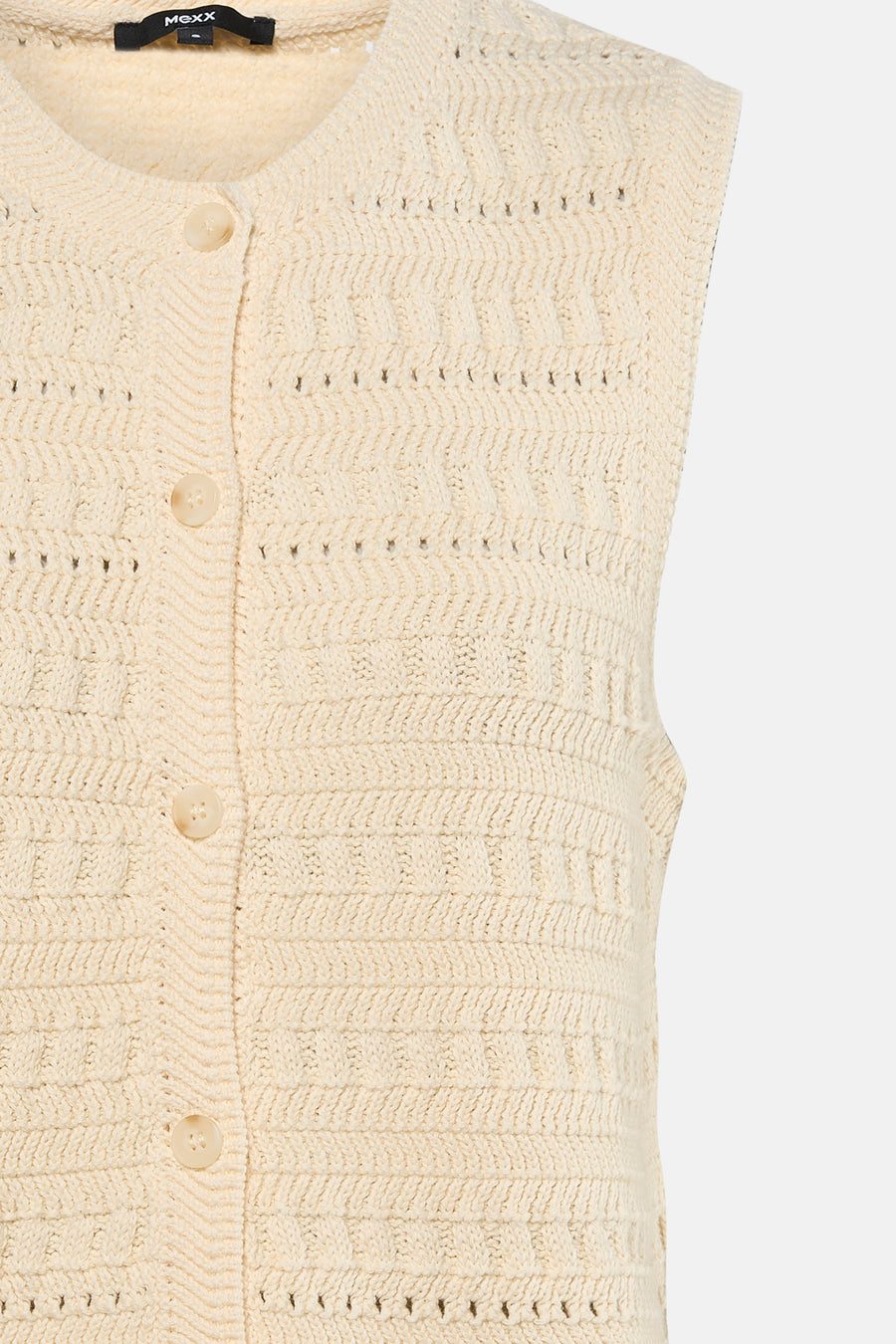 Beige mouwloos hemd van MEXX, met gebreid patroon en knoopsluiting aan de voorkant.