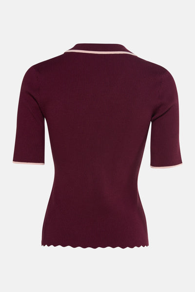 Pull bordeaux à col en V de MEXX, en tricot côtelé avec bordure contrastante.