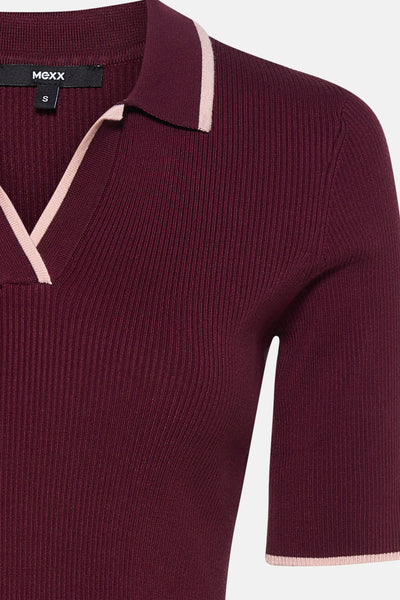 Pull bordeaux à col en V de MEXX, en maille côtelée avec bordure contrastante sur le col et les manches.