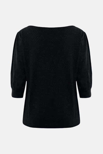 Pull noir à col rond de MEXX, avec des manches trois-quarts bouffantes et une texture subtile en losanges.
