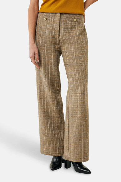 Pantalon multicolore par MEXX, en tweed à motif à carreaux, avec des boutons décoratifs à la taille.
