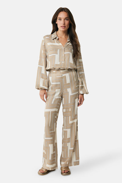 Beige broek met geometrische patronen van MEXX, losse pasvorm en wijde pijpen.