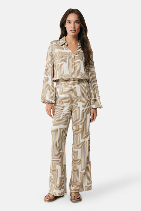 Beige broek met geometrische patronen van MEXX, losse pasvorm en wijde pijpen.