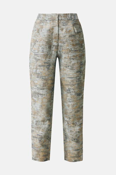 Multikleurige broek van MEXX, met een abstracte textuurprint in tinten grijs, beige en goud.