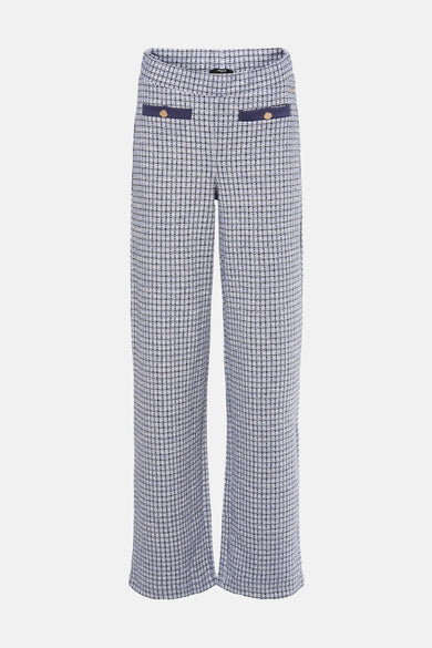 Blauw-wit geruite broek van MEXX, met een zak versierd met een gouden knoop.