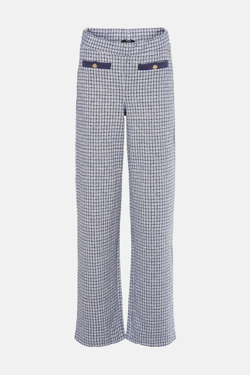 Blauw-wit geruite broek van MEXX, met een zak versierd met een gouden knoop.