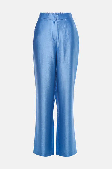 Pantalon bleu en tissu soyeux de MEXX, coupe évasée avec taille élastique.