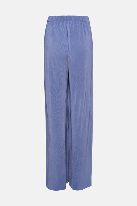 Blauwe pantalon met plooien, van MEXX, van achteren gezien, met een elastische tailleband.