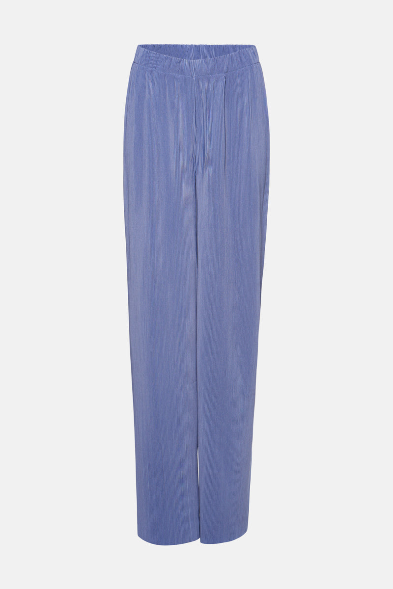 Pantalon plissé bleu de MEXX, avec une taille élastique et une texture côtelée sur fond blanc.