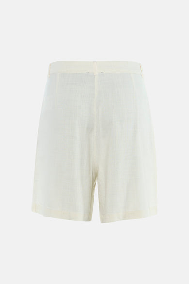 Korte witte blazer van MEXX, rechte pasvorm en hoge taille, in getextureerd linnen, van achteren gezien.