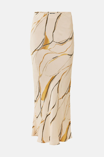 Jupe longue multicolore de MEXX avec un motif abstrait fluide dans les tons de beige, noir et doré.