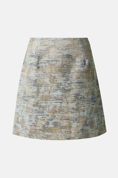 Korte veelkleurige rok van MEXX met abstracte textuurprint in tinten blauw, beige en grijs.