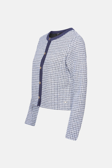 Mexx blauw geruite gilet met gouden knopen en marineblauwe bies.
