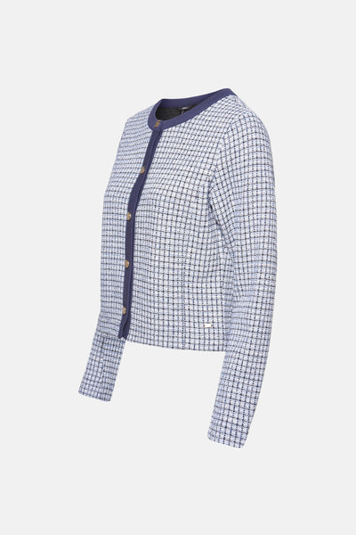 Mexx blauw geruite gilet met gouden knopen en marineblauwe bies.