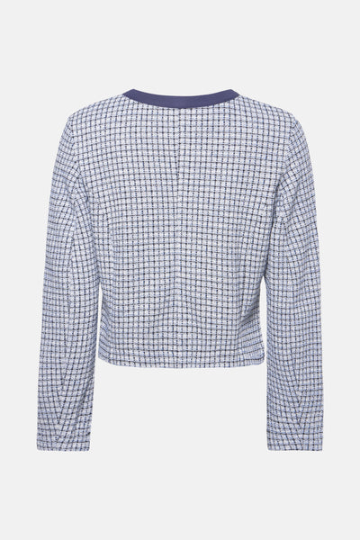 Blauwe geruite bodywarmer van MEXX, met een marineblauwe halslijn en tweedtextuur.