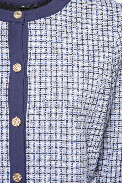 Gilet bleu chiné de MEXX, avec patte de boutonnage bleu marine et boutons dorés à motifs.