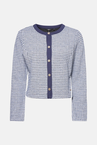 Blauwe geruite gilet van MEXX, met gouden knopen en marineblauwe bies.