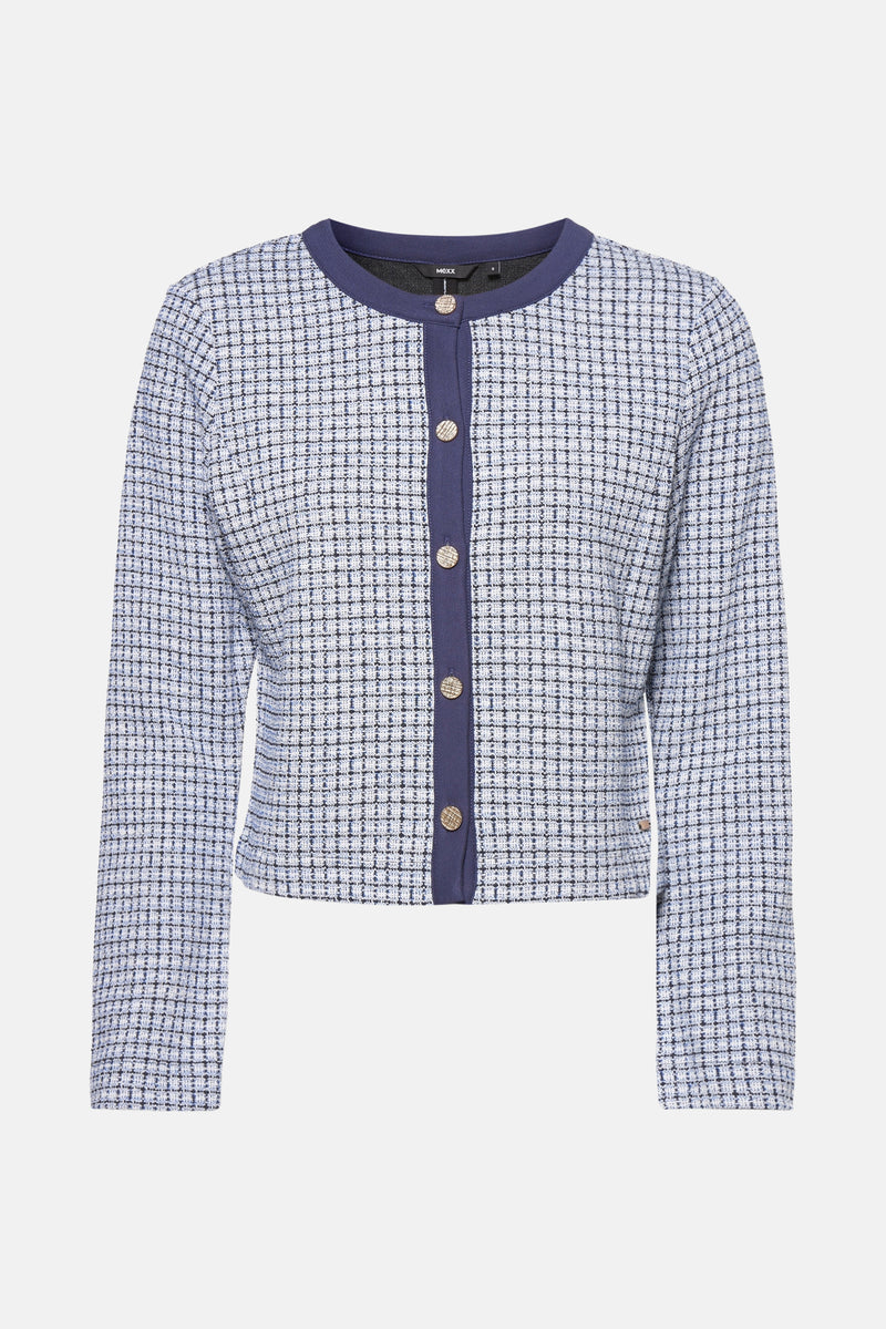 Blauwe geruite gilet van MEXX, met gouden knopen en marineblauwe bies.