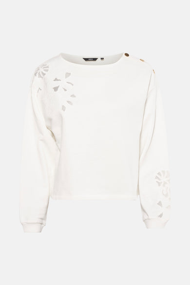 Ecru sweatshirt van MEXX, versierd met geborduurde, opengewerkte bloemenmotieven op de schouder.