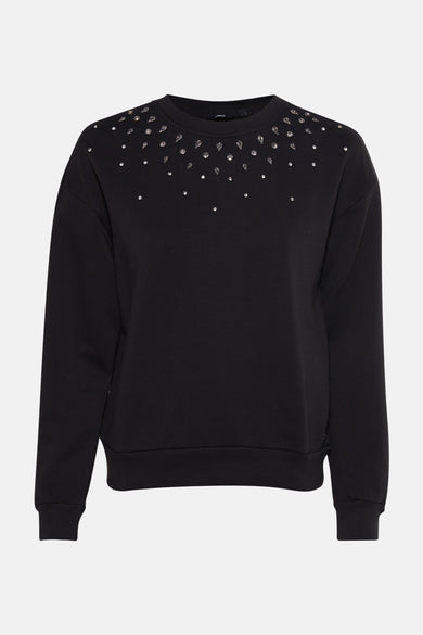 Zwarte MEXX sweater versierd met decoratieve strass-steentjes bij de halslijn, op een effen achtergrond.
