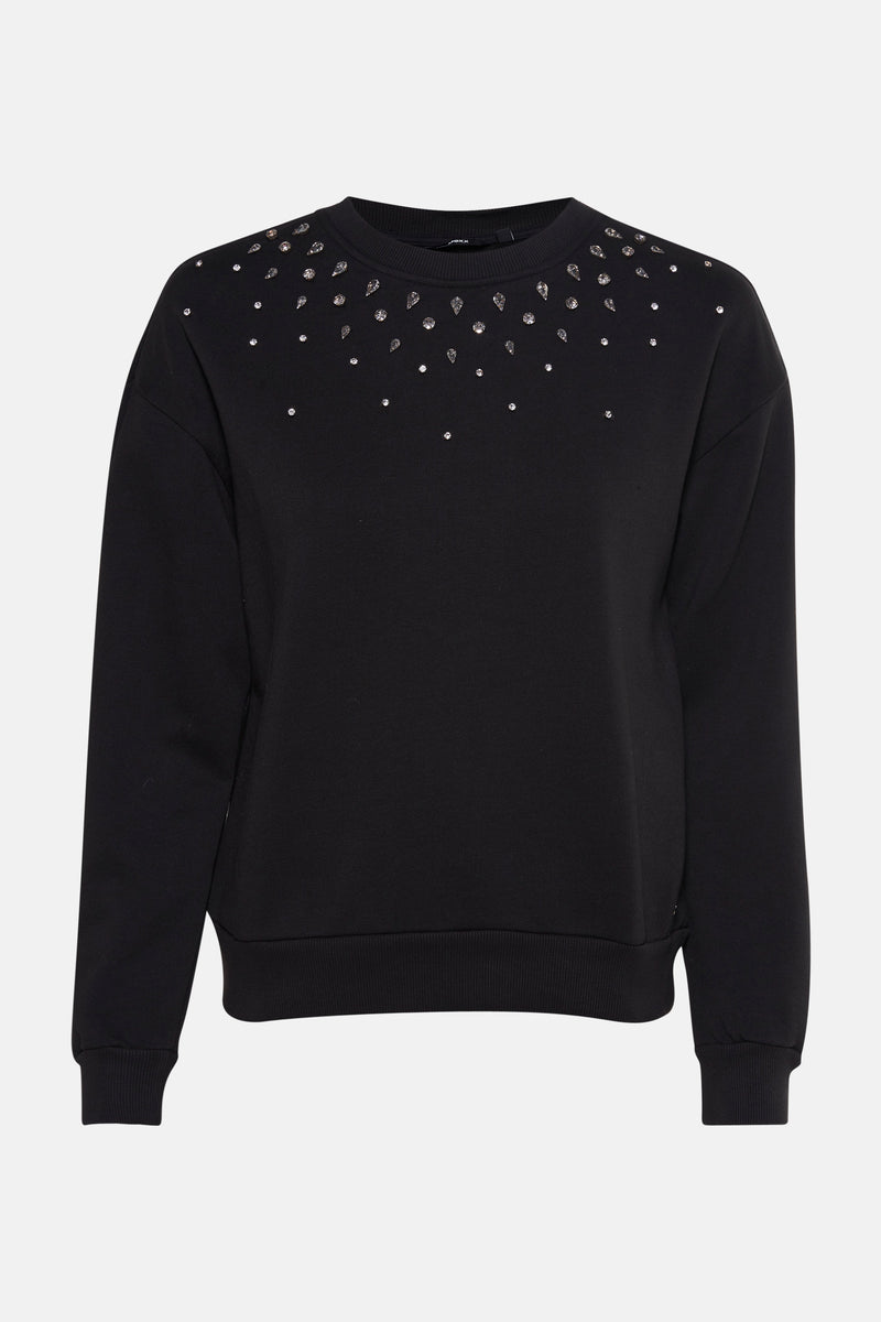 Zwarte MEXX sweater versierd met decoratieve strass-steentjes bij de halslijn, op een effen achtergrond.