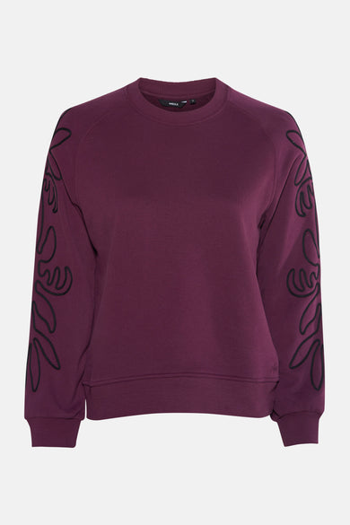 Paarse MEXX sweater met zwart bloemenpatroon op de mouwen, achterzijde.