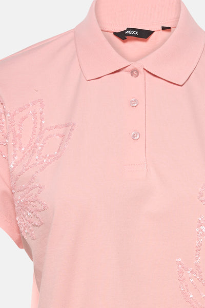 Roze T-shirt van MEXX, met glanzende bloemenprints op de voorkant en een knoopsluiting.