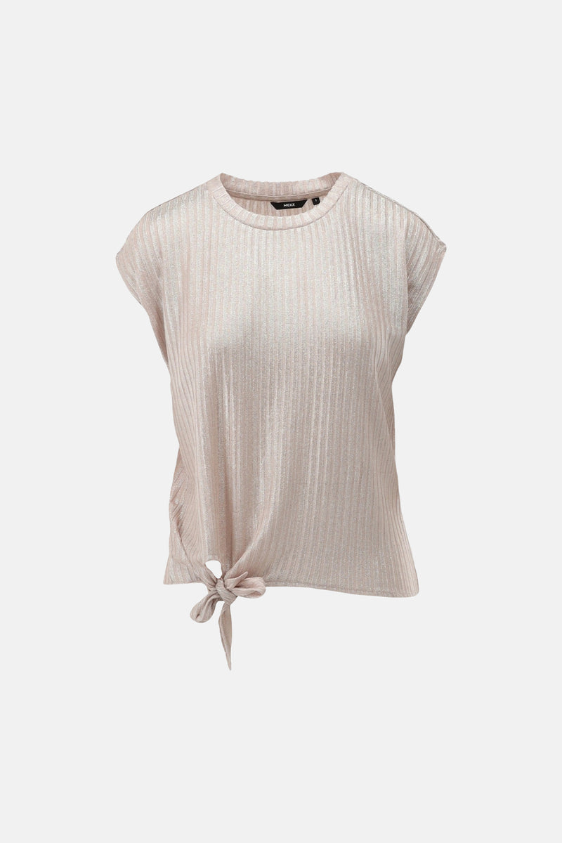T-shirt rose à manches courtes de MEXX, en tissu côtelé brillant, avec un nœud décoratif sur le côté.