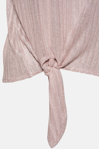 Beige T-shirt met korte mouwen van MEXX, met knoopdetail in de taille, van getextureerde en glanzende stof.