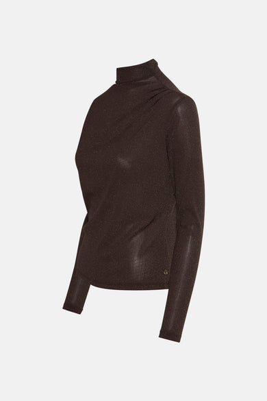 Bruine T-shirt met lange mouwen van MEXX, met een gerimpelde opstaande kraag en een licht glinsterende stof.