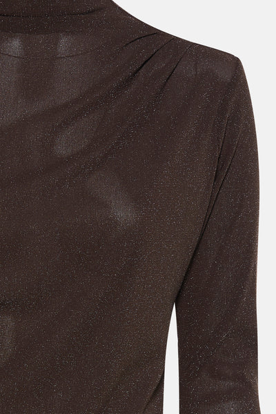 Bruin T-shirt met lange mouwen van Mexx, glanzende stof en geplooide opstaande kraag.
