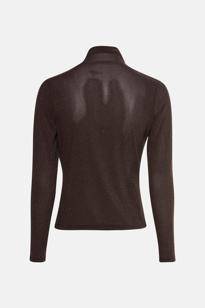 T-shirt à manches longues marron de MEXX, avec un col montant et une texture brillante.