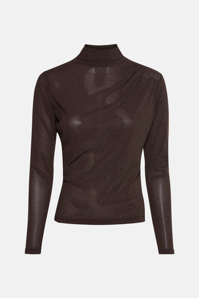 Bruin T-shirt met lange mouwen van MEXX, met opstaande kraag en gedrapeerde details op de schouder.