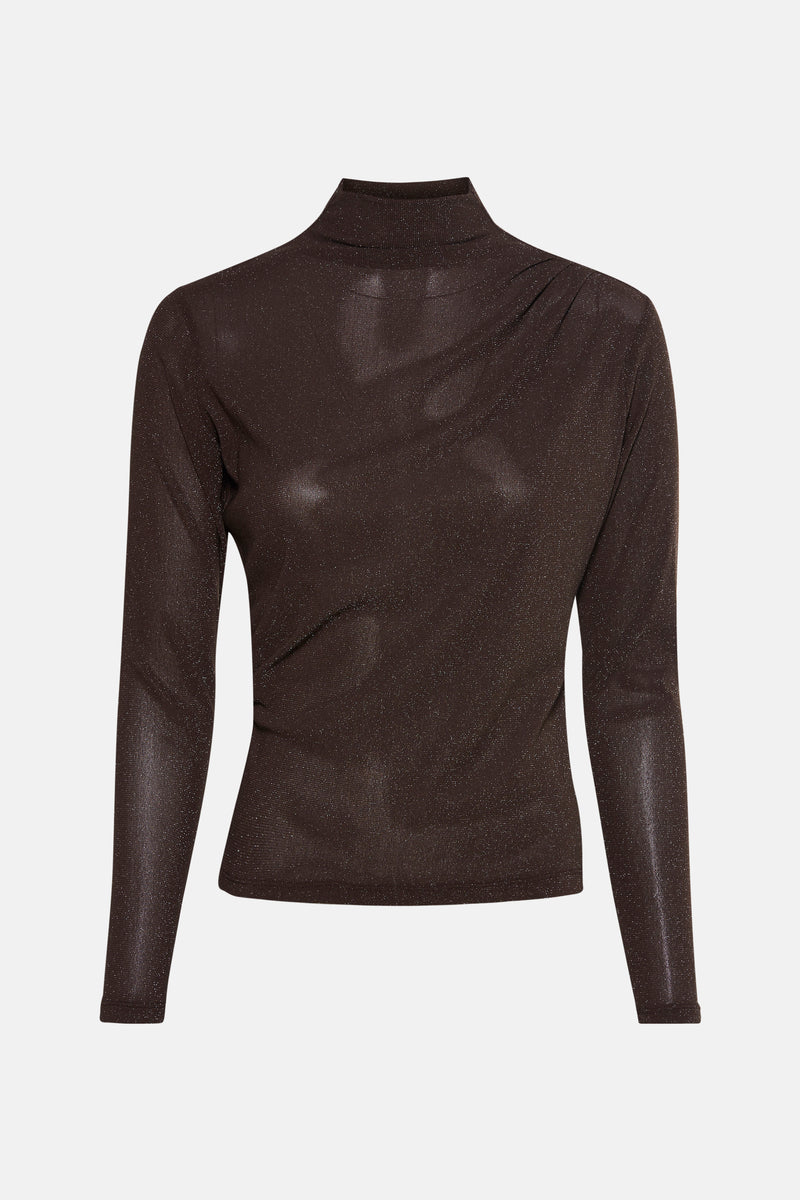 Bruin T-shirt met lange mouwen van MEXX, met opstaande kraag en gedrapeerde details op de schouder.