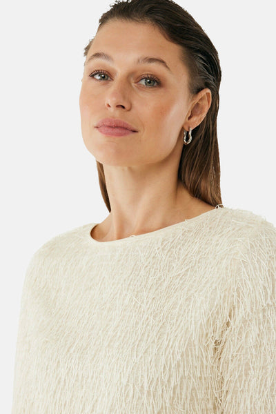Ecru T-shirt met korte mouwen van MEXX, in een pluizige textuur met glanzende accenten.