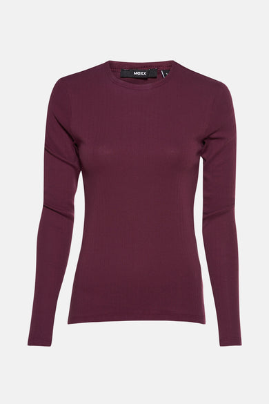 Mexx bordeaux lange mouwen T-shirt in ribgebreide stof met ronde hals.