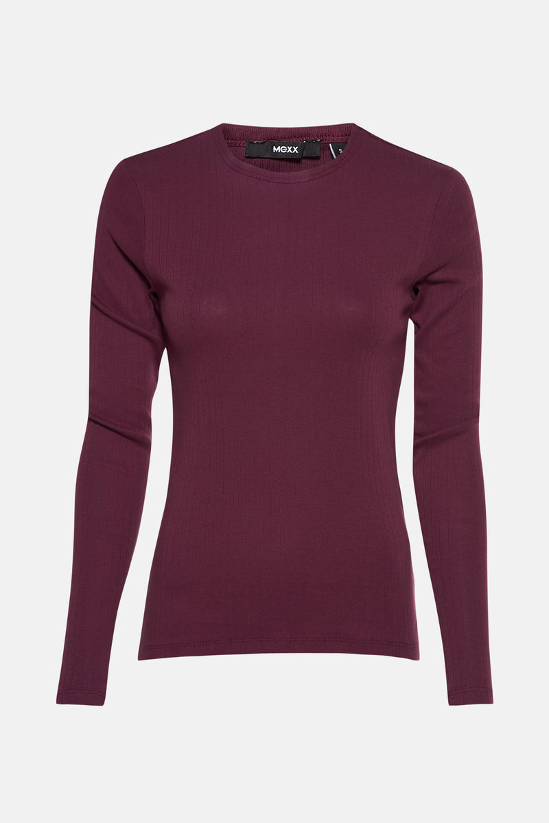 Mexx bordeaux lange mouwen T-shirt in ribgebreide stof met ronde hals.