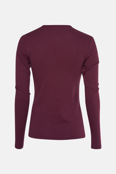 Mexx bordeaux T-shirt met lange mouwen en ribstructuur, achterkant.