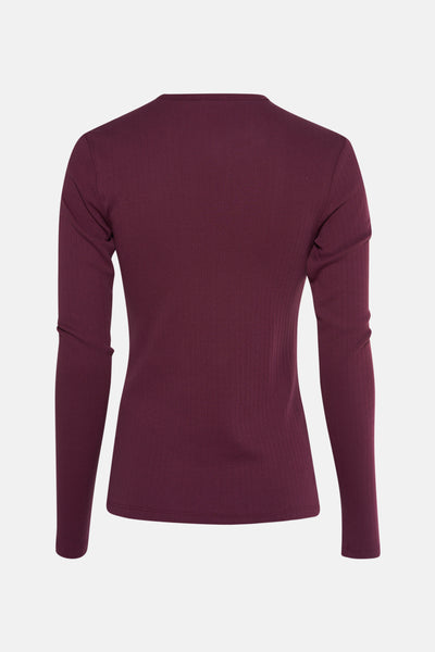 Mexx bordeaux T-shirt met lange mouwen en ribstructuur, achterkant.