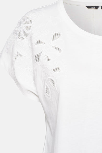 Wit T-shirt met korte mouwen van MEXX met uitgesneden bloemenborduursels op de schouder.