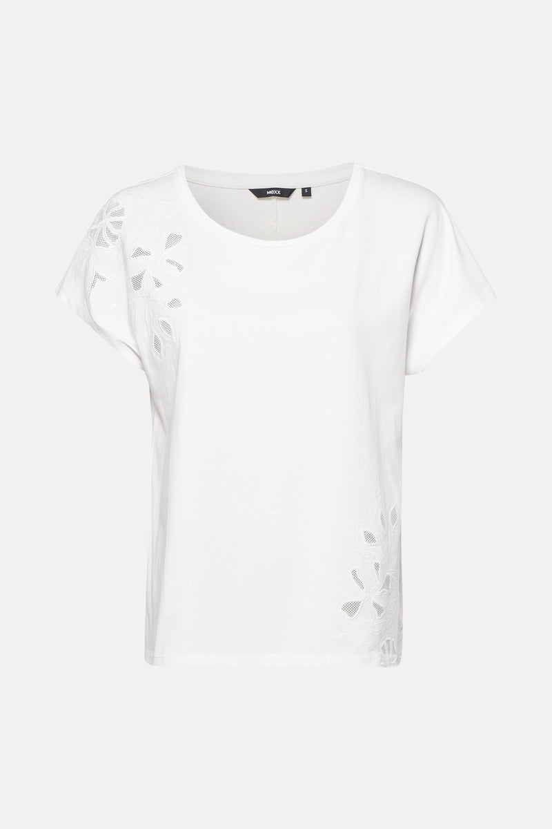 Wit T-shirt met korte mouwen van MEXX met kanten bloemendetails aan de zijkanten.
