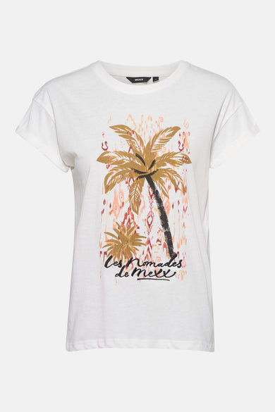 Wit T-shirt met korte mouwen van MEXX, versierd met een palmboomprint en decoratieve tekst.