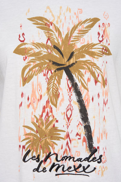 Wit T-shirt met korte mouwen van MEXX, met palmboomprint en zwarte tekst.