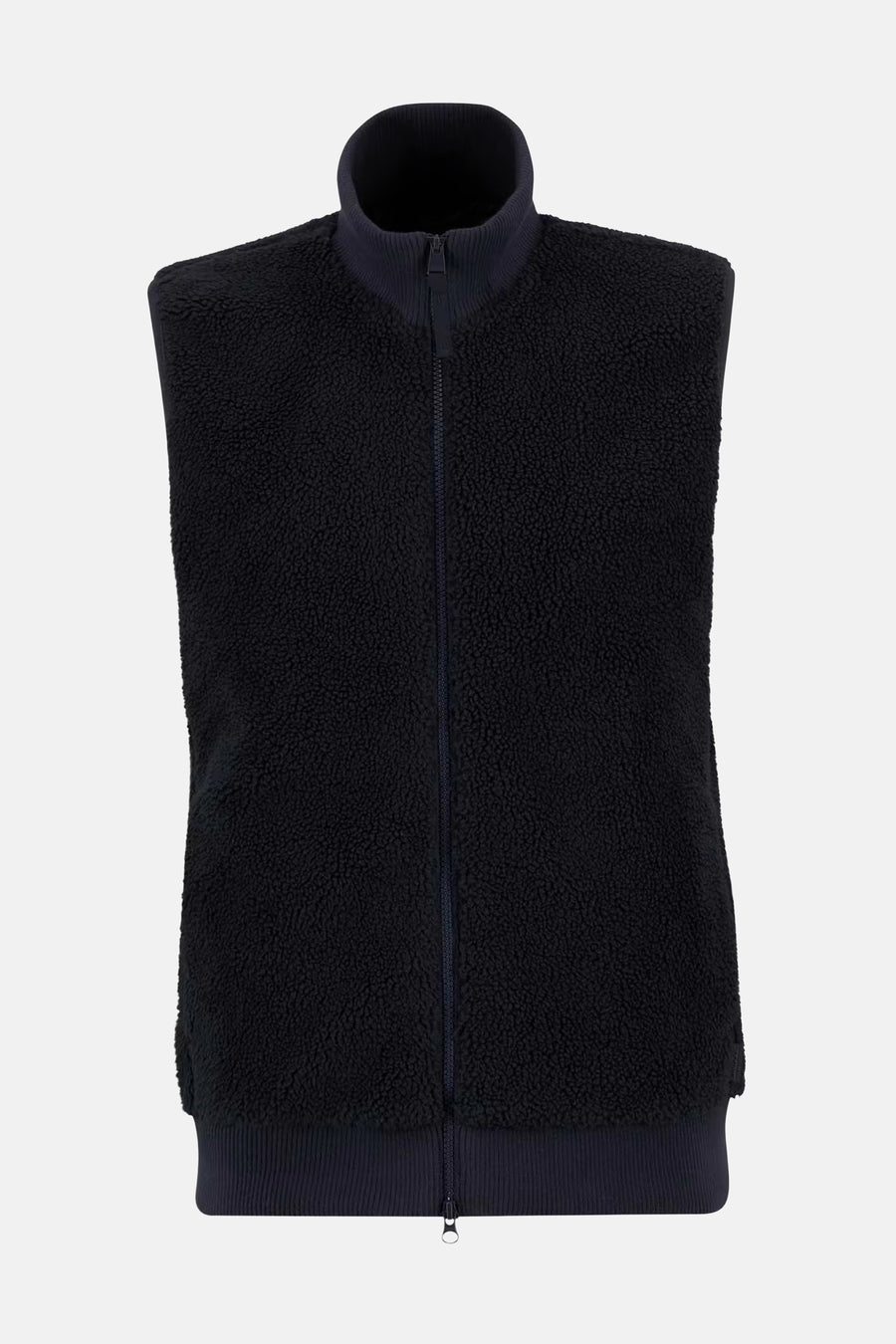 Barbour donkerblauwe fleece bodywarmer met ritssluiting middenvoor en opstaande kraag.